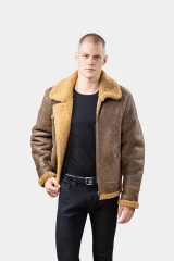 Shearling Leather Jacket - Brown Model wearing Mens Brown Shearling Leather Jacket open