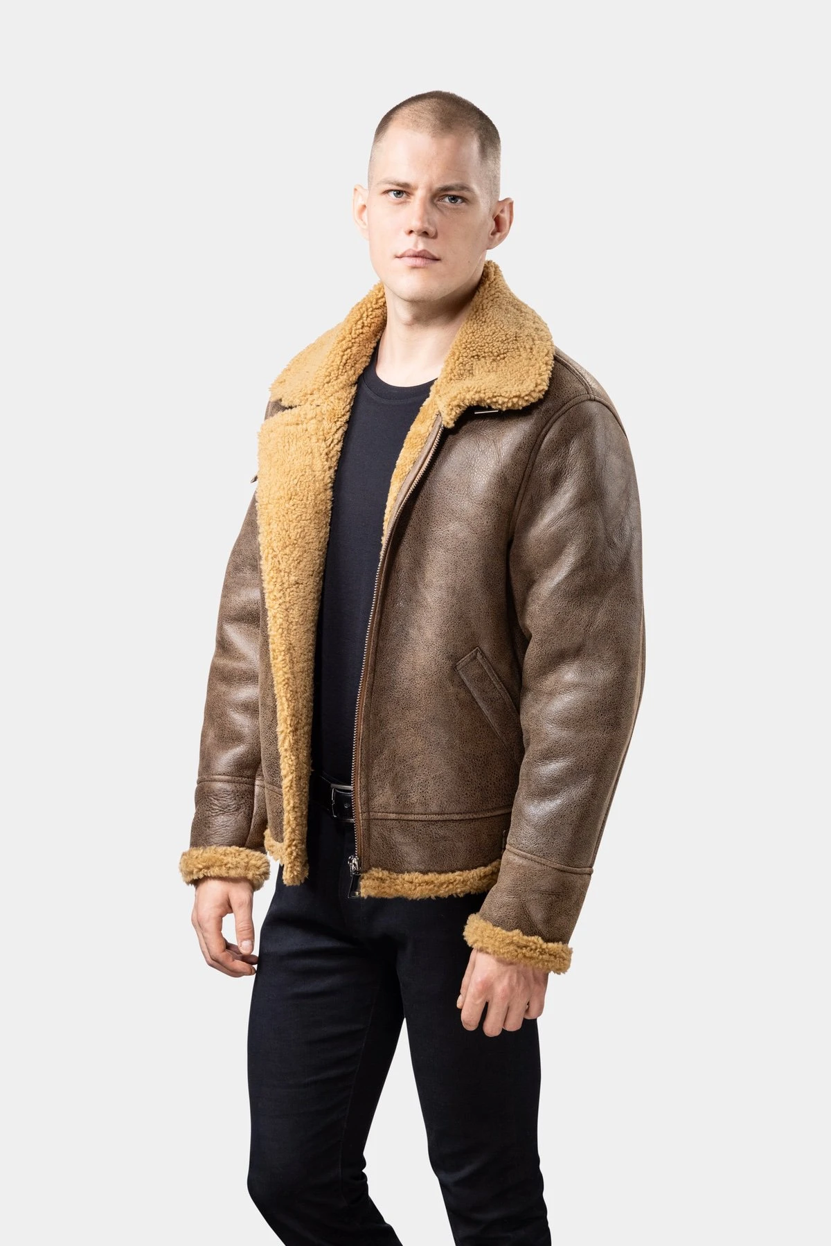 Model wearing Mens Brown Shearling Leather Jacket from the side