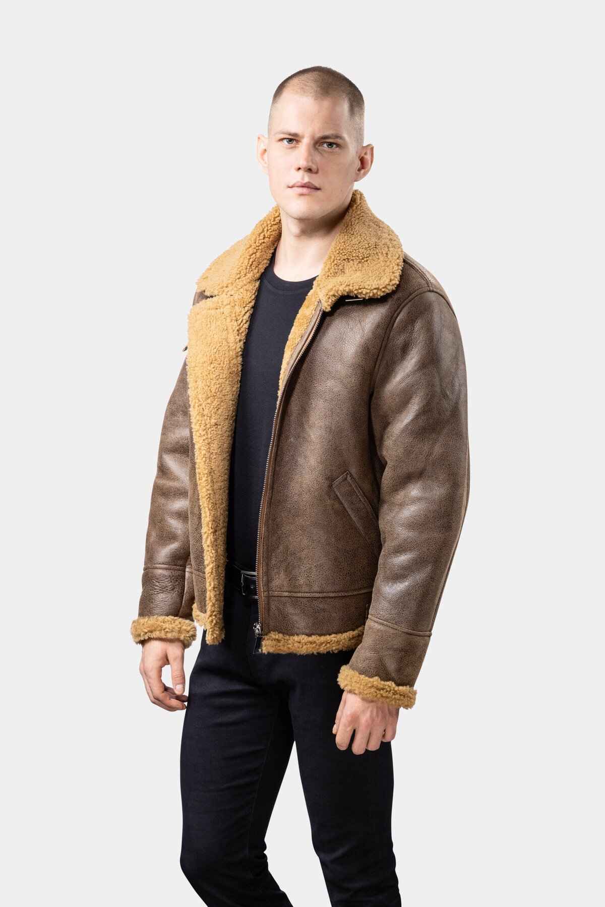 Model wearing Mens Brown Shearling Leather Jacket from the side