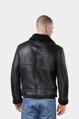 Model wearing Mens Black Shearling Leather Jacket from behind