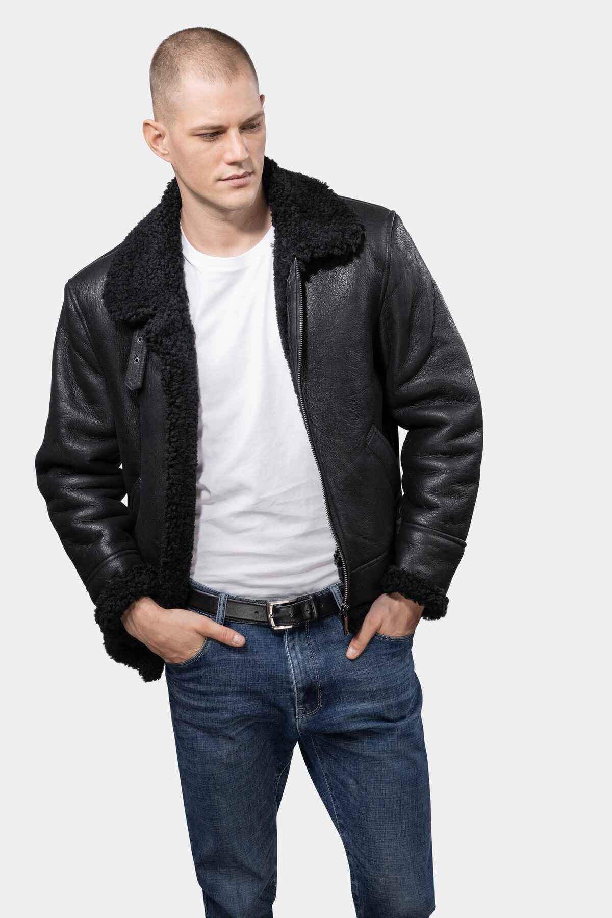 Model wearing Mens Black Shearling Leather Jacket open