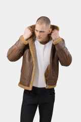 Model wearing Mens Camel Shearling Leather Jacket presenting the collar