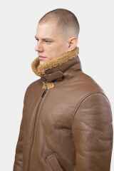 Model wearing Mens Camel Shearling Leather Jacket presnting the collar